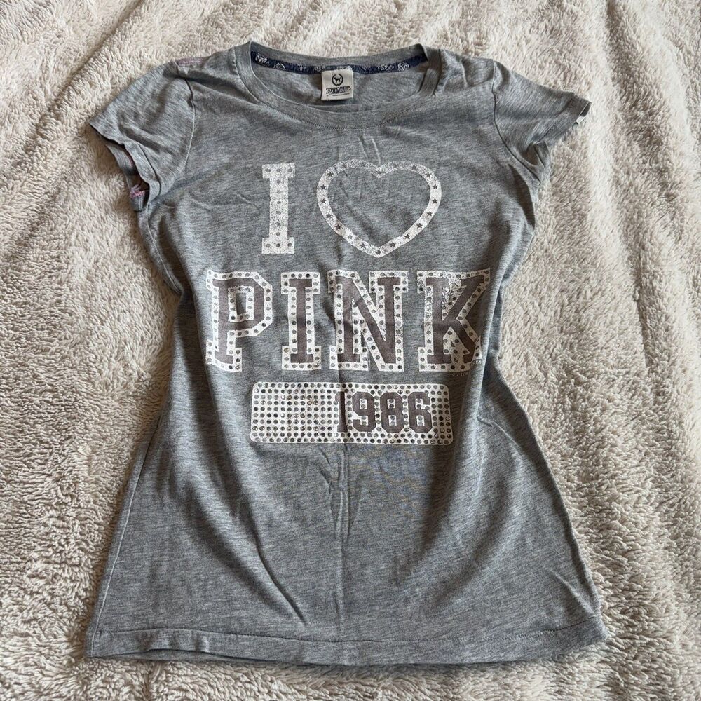 PINK Victorias Secret Y2K 2008 Gray LOVE PINK T Shirt Size S